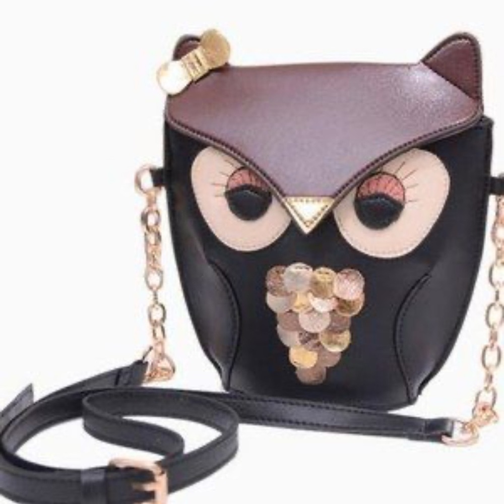 Vintage Black and Brown Owl Faux Leather Crossbody Bag